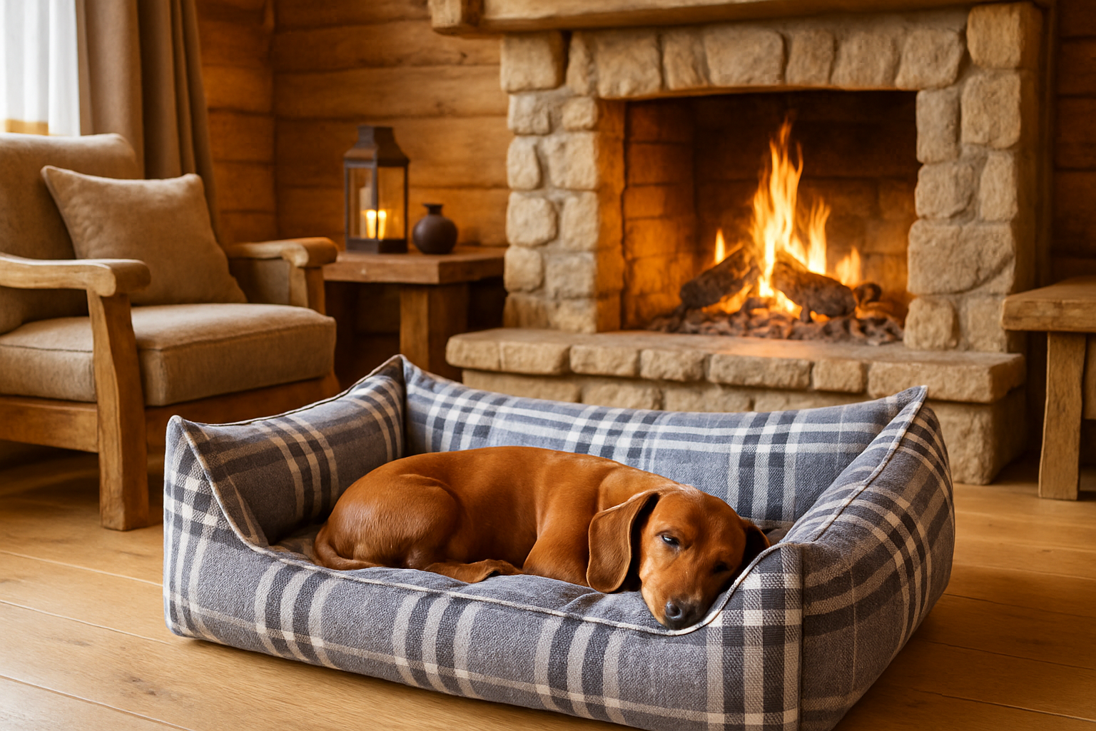 Dackel im Hundebett vor Kamin